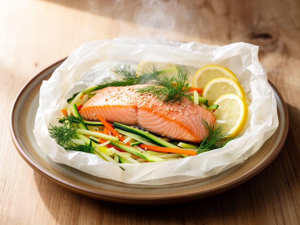 Pavé de saumon en papillote ouverte sur une julienne de courgette, carotte et poireau, avec citron et aneth
