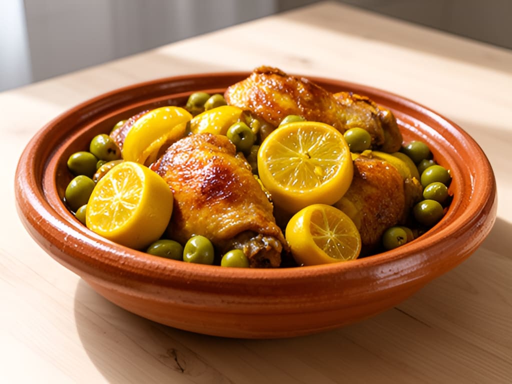 Tajine de poulet, citrons confits et olives